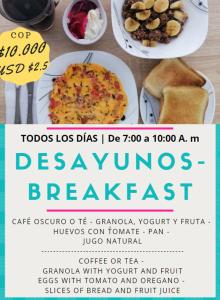 a flyer for a restaurant with plates of food at Hostal Gastro Bar Casa Colibrí in Bogotá