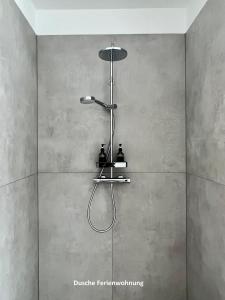 a shower with a shower head in a bathroom at "Auslese 54" -Direkt am Moselufer- Gästezimmer & Ferienwohnung in Traben-Trarbach +35 photos