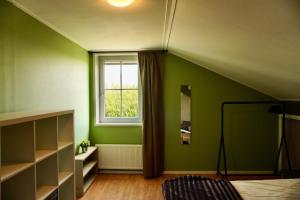 een groene kamer met een raam en een bed bij Vakantiewoningen Zandbooi in Westkapelle