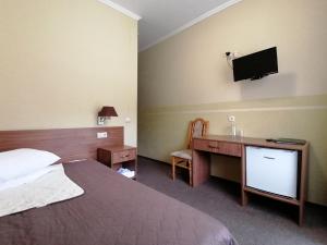 a bedroom with a bed and a desk with a television at Girska Tysa Health Resort in Kvasy