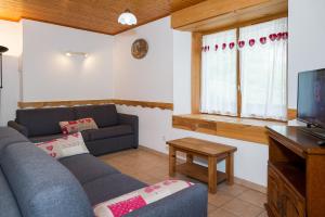 a living room with a couch and a tv at Les Mouflons in La Chapelle-dʼAbondance