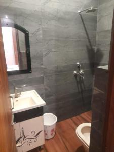 a bathroom with a sink and a toilet and a mirror at Hotel KR AMRITSAR in Amritsar +14 photos
