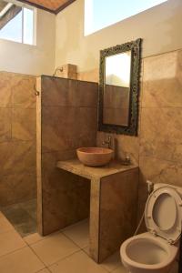 a bathroom with a sink and a toilet and a mirror at Bali Blue Gecko Villas in Amed