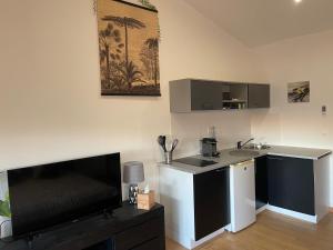 a room with a kitchen with a sink and a counter at case à roches in Saint-Gilles les Bains