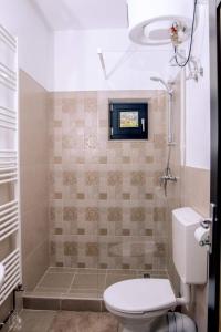 a bathroom with a toilet and a shower with a window at Birtok Houses - twin no. 2 for 2 people in Borzont
