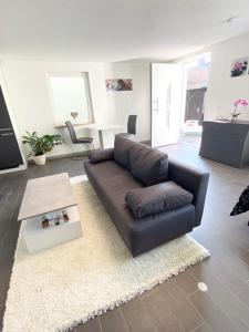 Casa Zappata في اوبرلنغن: غرفة معيشة مع أريكة جلدية وطاولة