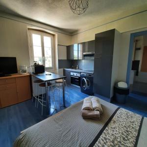 ein Schlafzimmer mit einem Bett und eine Küche mit einem Tisch in der Unterkunft Beau séjour in Aiguebelette-le-Lac