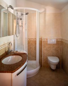 a bathroom with a sink and a shower and a toilet at La Casetta, appartamento con vista lago e montagne in San Zeno di Montagna