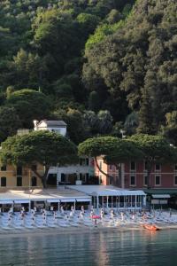 un grupo de aves sentadas en la orilla de un cuerpo de agua en Eight Hotel Paraggi en Santa Margherita Ligure