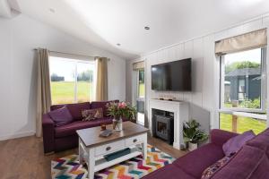 ein Wohnzimmer mit lila Sofas und einem TV in der Unterkunft Forget Me Not Lodge, 4 Roadford Lake Lodges in Lifton