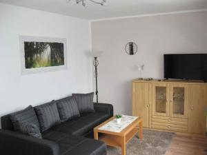 a living room with a couch and a tv at Ferienwohnung kleine Auszeit in Eslohe
