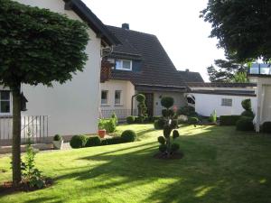 un patio con una casa y un cactus en Ferienwohnung kleine Auszeit, en Eslohe