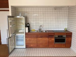 a kitchen with a refrigerator and a sink at Jolie studio avec vue sur l'Atomium in Brussels