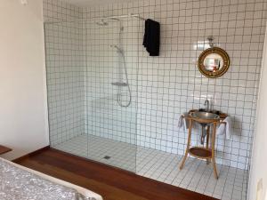 a bathroom with a shower with a sink and a mirror at Jolie studio avec vue sur l'Atomium in Brussels