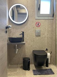 a bathroom with a sink and a toilet and a mirror at Michailidis Rooms in Kineta
