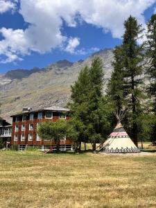 un edificio y un tipi en un campo con una montaña en La Bessannaise, en Bessans