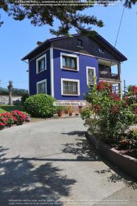 uma casa azul com flores em frente em Casa Villa Ruiz em Po