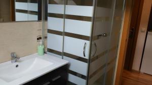 a bathroom with a sink and a glass shower at El Mirador De Limes in Cangas del Narcea