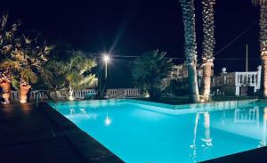 einen Swimmingpool mit Palmen in der Nacht in der Unterkunft Manca Residence in Marina di Palma