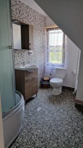 łazienka z toaletą, umywalką i wanną w obiekcie Pensiunea Teodora Breb Maramu w mieście Breb