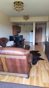 多納瓦利的住宿－Apartman 508 Residence，客厅铺有木地板,配有棕色真皮沙发