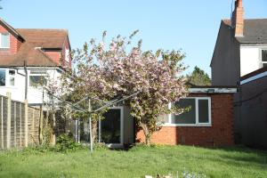 Ein Baum mit rosa Blumen in einem Hof neben einem Haus in der Unterkunft cosy 3-bed bungalow nec airport close to amenities in Birmingham