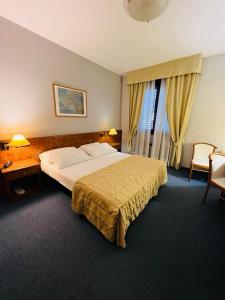 Hotel Motel Europa في أوسّونا: غرفة فندقية بسرير وطاولة وكراسي
