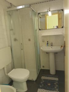 La salle de bains est pourvue d'une douche, de toilettes et d'un lavabo. dans l'établissement Lipari Centro Storico Flat 7 min from port, à Lipari