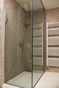 a shower with a glass door in a bathroom at Apartments Villa Popp in Ljubljana +20 photos