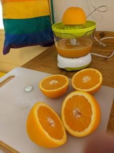 a juicer with three halves of oranges on a cutting board at Cala Vinagra House in Carloforte