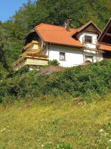 uma casa sentada no topo de uma colina em APARTMENT WITH A VIEW em Bohinjska Bistrica