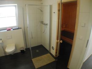 a bathroom with a shower and a toilet at Carpe Diem - Nordhorn in Nordhorn