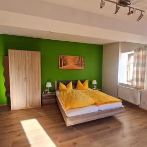 1 dormitorio con paredes verdes y 1 cama con almohadas amarillas en Wurzelrudis Hostel, en Eibenstock