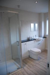 een badkamer met een douche, een toilet en een wastafel bij Lake House Annexe - beautiful countryside retreat in Bristol