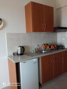 a kitchen with a white refrigerator and a sink at Villa Maras Parga 2 - Συγκρότημα καταλυμάτων in Parga