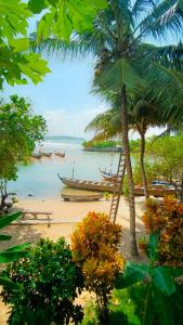 a beach with palm trees and boats in the water at Scorpion Hill Lodge in Busua