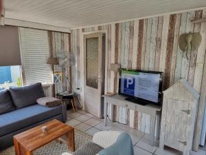 een woonkamer met een bank en een tv bij Lazy cabin near Hoek van Holland beach in Hoek van Holland