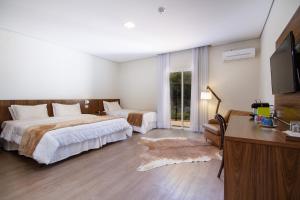 a bedroom with two beds and a desk and a television at Hotel Chateau in Campos do Jordão