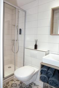 uma casa de banho com um chuveiro, um WC e um lavatório. em Dihei - Hotel, Lounge, Bar em Dübendorf
