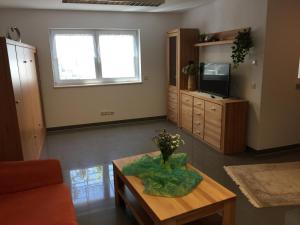 ein Wohnzimmer mit einem Couchtisch und einem TV in der Unterkunft Ferienwohnung - Pfullingen - Reutlingen in Pfullingen