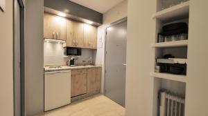 マルベーリャにあるEl Árbol - Rooftop Pool in Puerto Deportivoのキッチン(木製キャビネット、白い食器洗い機付)