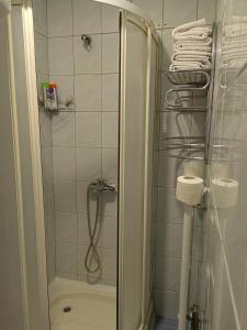 a bathroom with a shower with a glass door at Apartment Mirror in Visoko