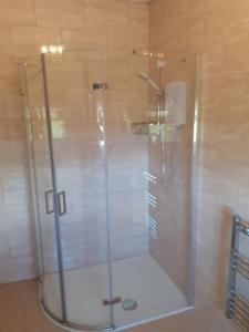 a shower with a glass door in a bathroom at Meadowsweet @ Laneside in Whitby