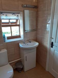 a bathroom with a sink and a toilet and a window at Meadowsweet @ Laneside in Whitby