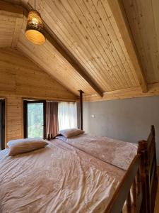 a bedroom with a large bed in a wooden room at Mitarbi Silence - cozy holiday cottages in mountains in Borjomi
