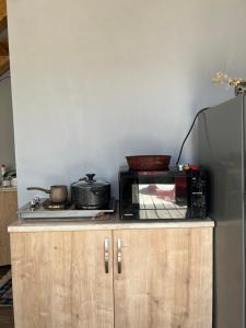 a microwave sitting on top of a wooden cabinet at Mitarbi Silence - cozy holiday cottages in mountains in Borjomi