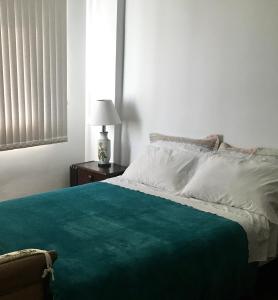 1 dormitorio con 1 cama grande con manta verde en Apartamento Frente MAR, na Praia CENTRAL, en Balneário Camboriú