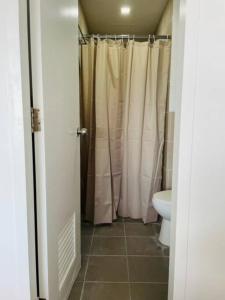 uma casa de banho com um WC e uma cortina de chuveiro em Studio Type Condo with WiFi em Biñan