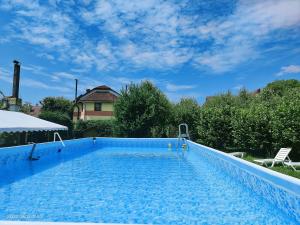 a large blue swimming pool in a yard at Kolyba Opryshkiv in Nizhneye Selishche