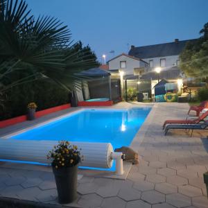 - une piscine dans un jardin la nuit dans l'établissement Résidence Les Alizés ''Sauna Jacuzzi Piscine en plein centre ville", à La Roche-sur-Yon